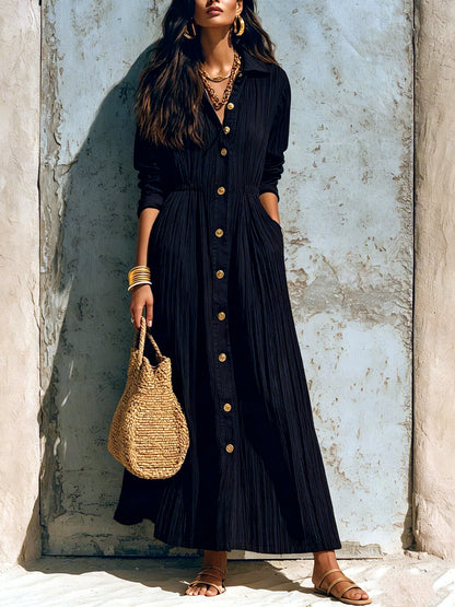 Women's Solid-Color Relaxed-Fit Slim-Fit Point-Collar Long-Sleeve Vacation Dress in Black - product view