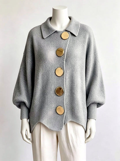Knit Point-Collar Relaxed-Fit Cardigan in Gray - product view