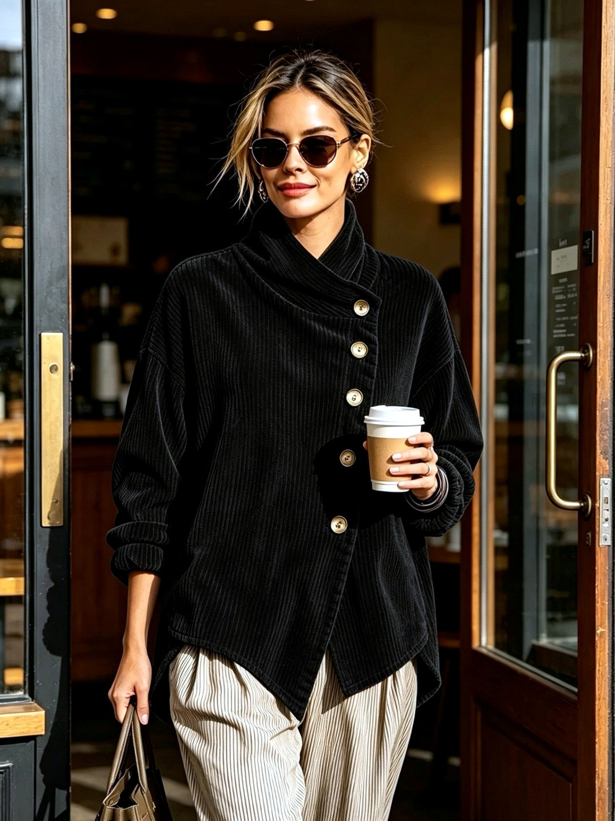 Women's Corduroy Relaxed-Fit Asymmetric Jacket in Black - product view