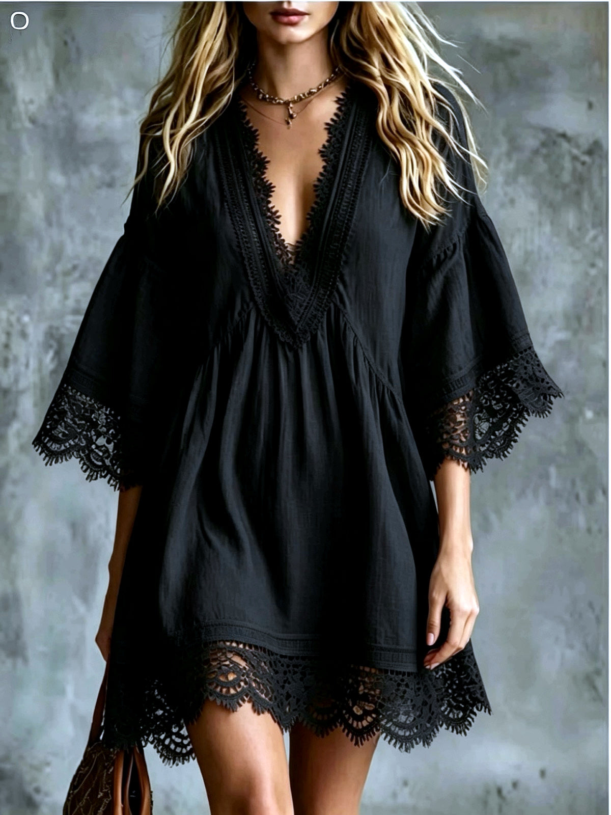 Women's Lace-Trim Patchwork Longline Mid-Length Dress in Black - product view