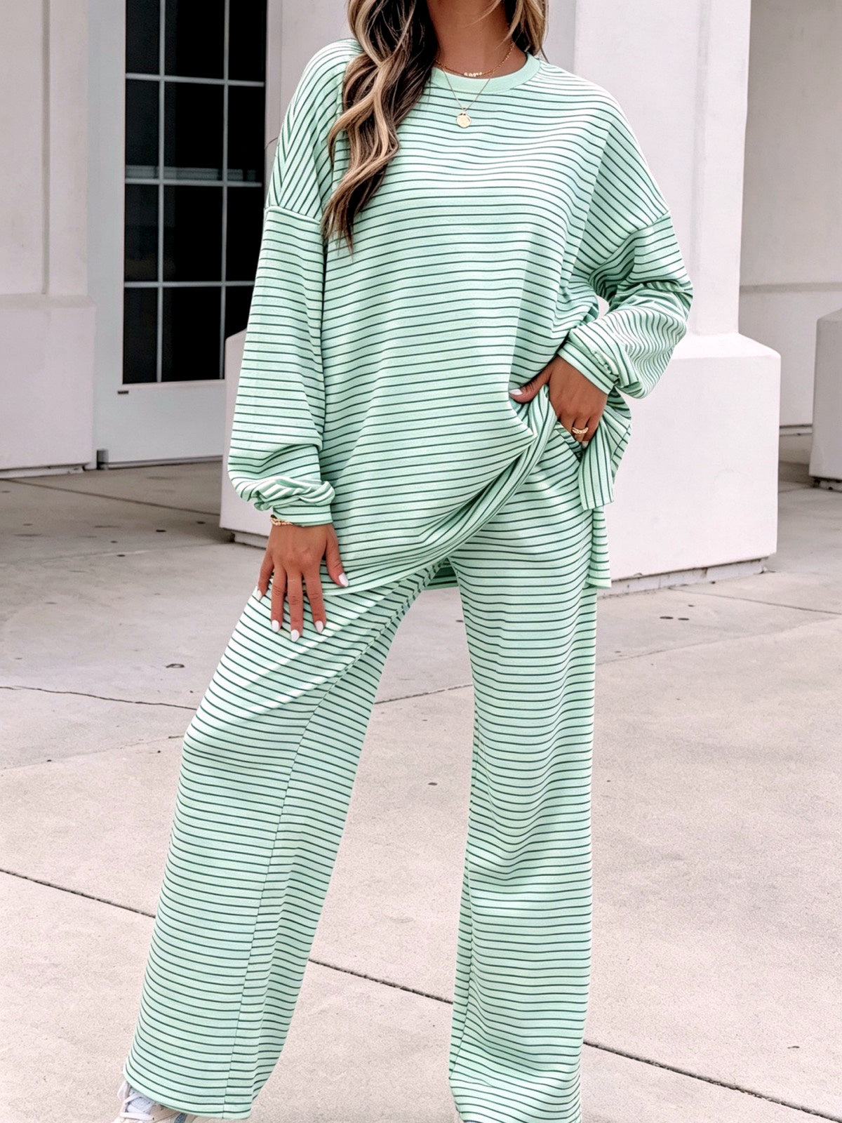 Women's Striped Printed Two-Piece Set in Green - product view