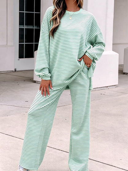 Women's Striped Printed Two-Piece Set in Green - product view