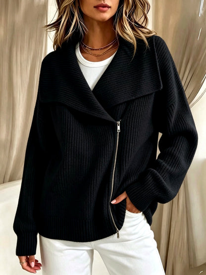 Women's Knit Solid-Color Zip-Front Relaxed-Fit Cardigan in Black - product view