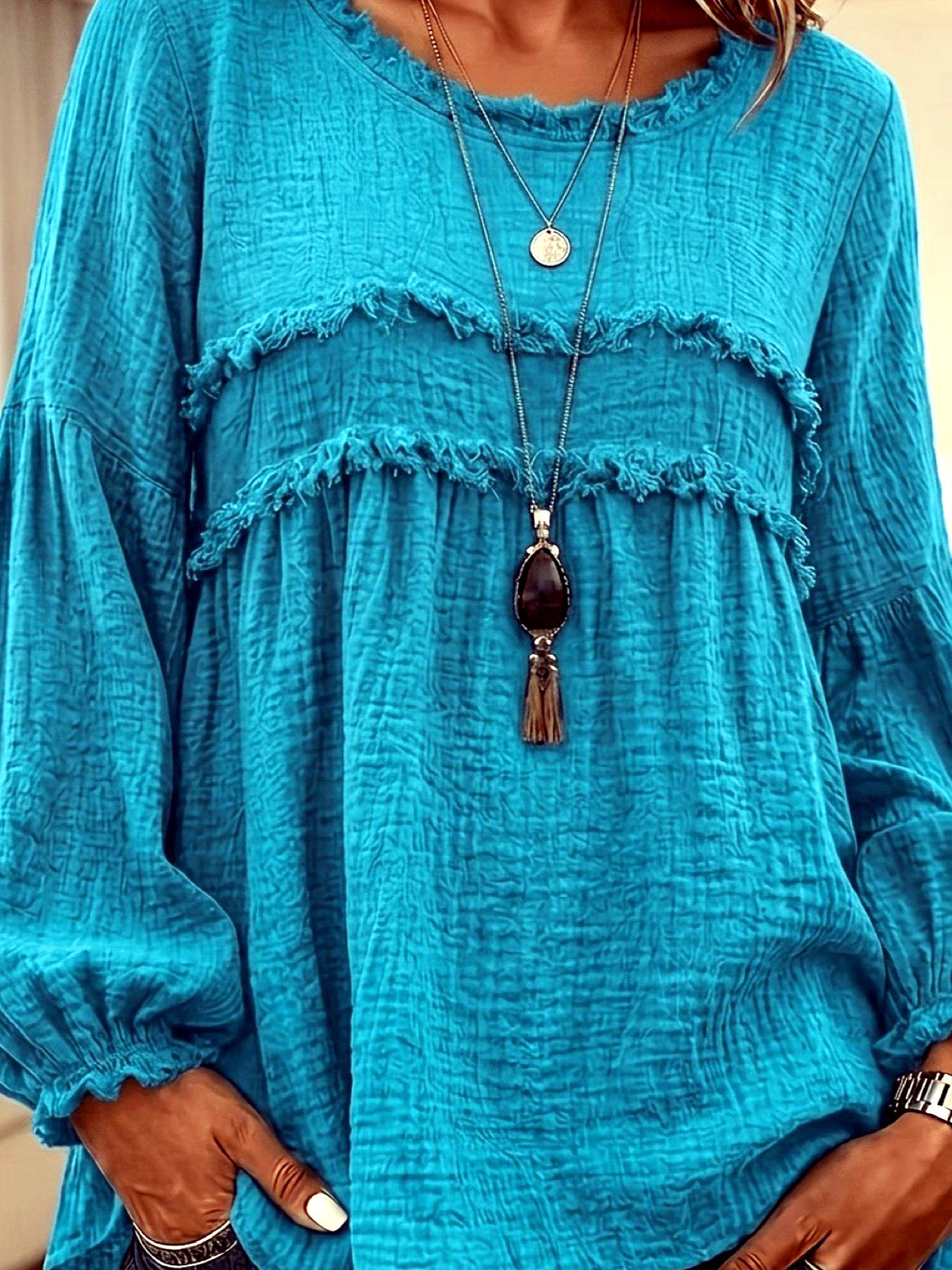 Fringe-Trim Lace-Trim Patchwork Accessory in Blue - product view