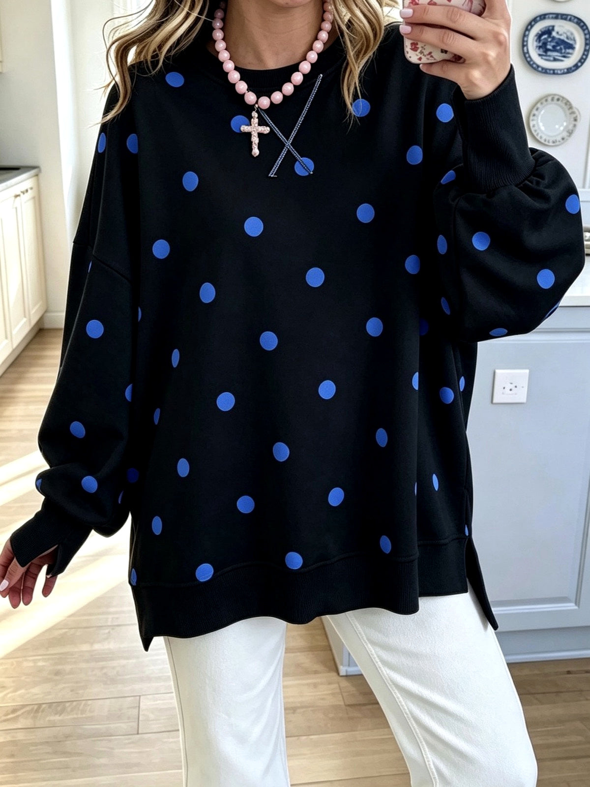 Women's Colorblock Printed Pullover Relaxed-Fit Long-Sleeve Top in Black - product view