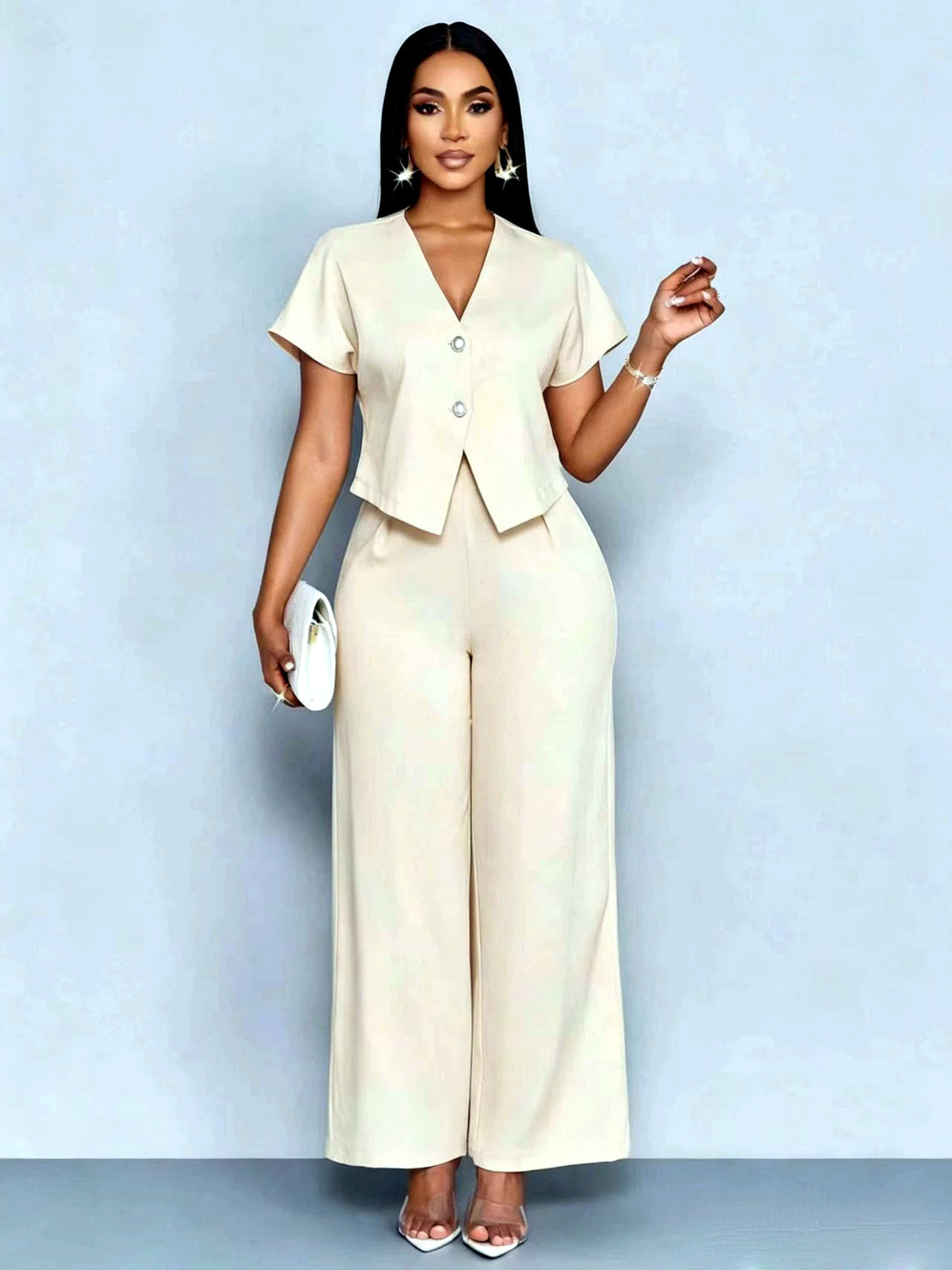 Solid-Color V-Neck Button-Front Asymmetric Short-Sleeve Pocket Top & Pants Set - product detail view 1