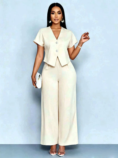 Solid-Color V-Neck Button-Front Asymmetric Short-Sleeve Pocket Top & Pants Set - product detail view 1