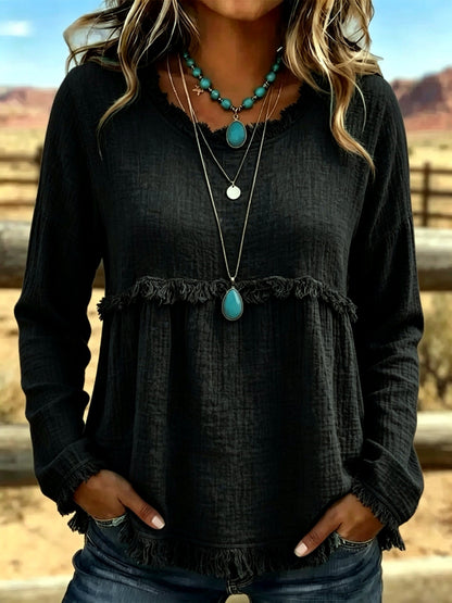 Crew-Neck Long-Sleeve Vintage-Inspired Shirt in Black - product view