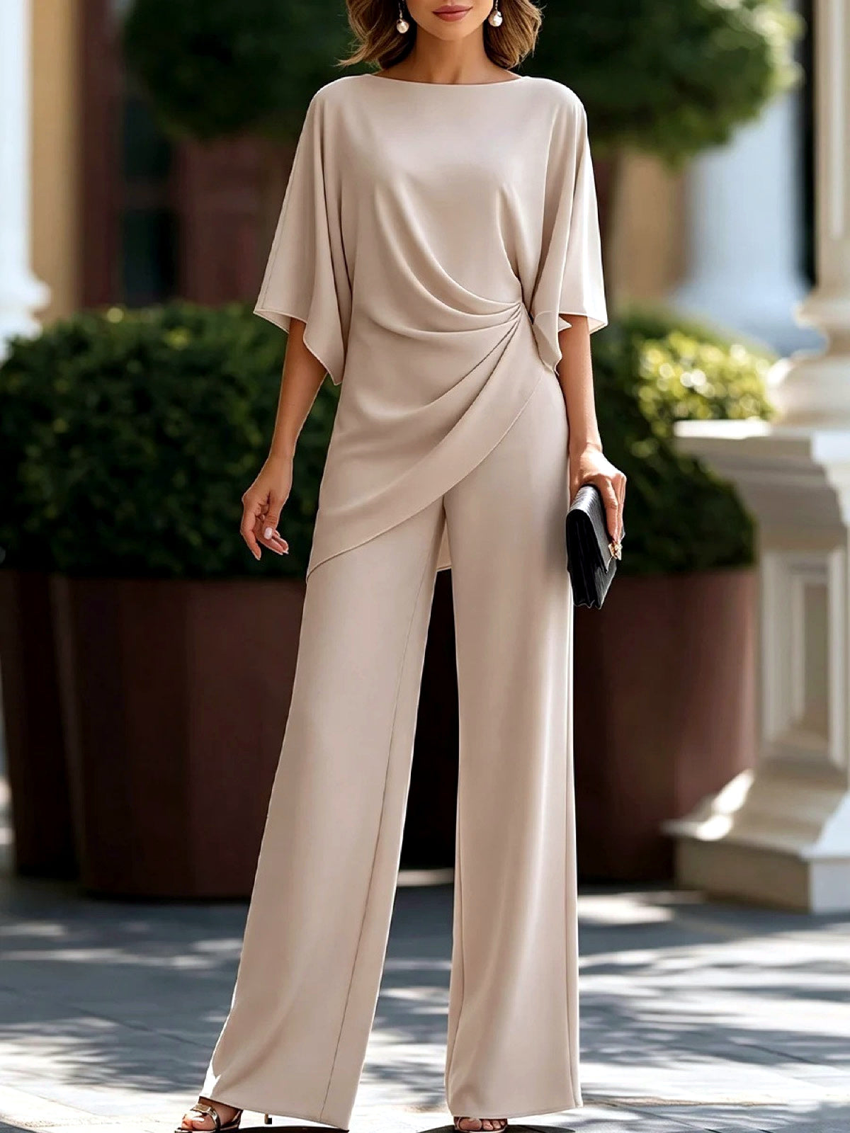 Solid-Color Relaxed-Fit Batwing-Sleeve High-Waist Top & Pants Set in Khaki - product view