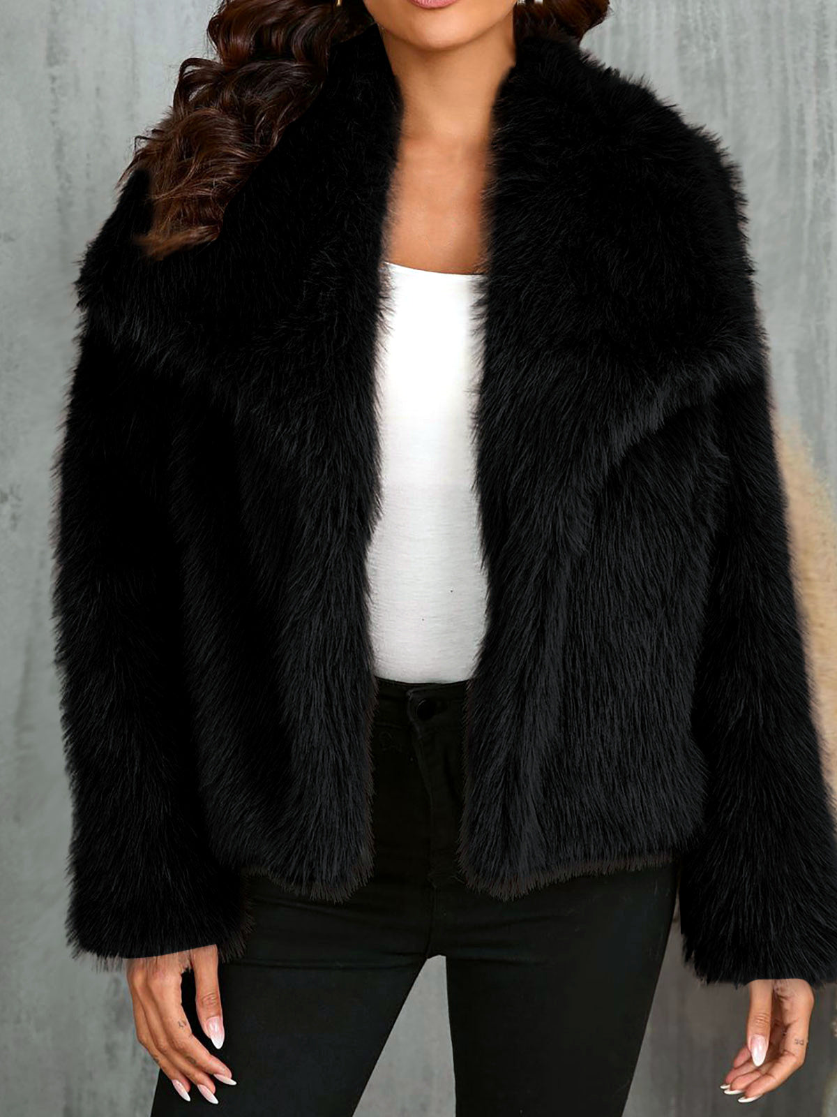 Women's Faux-Fur Point-Collar Long-Sleeve Pocket Coat in Black - product view