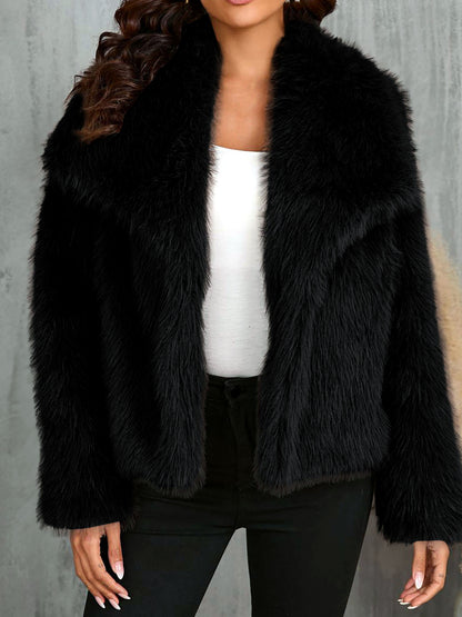 Women's Faux-Fur Point-Collar Long-Sleeve Pocket Coat in Black - product view