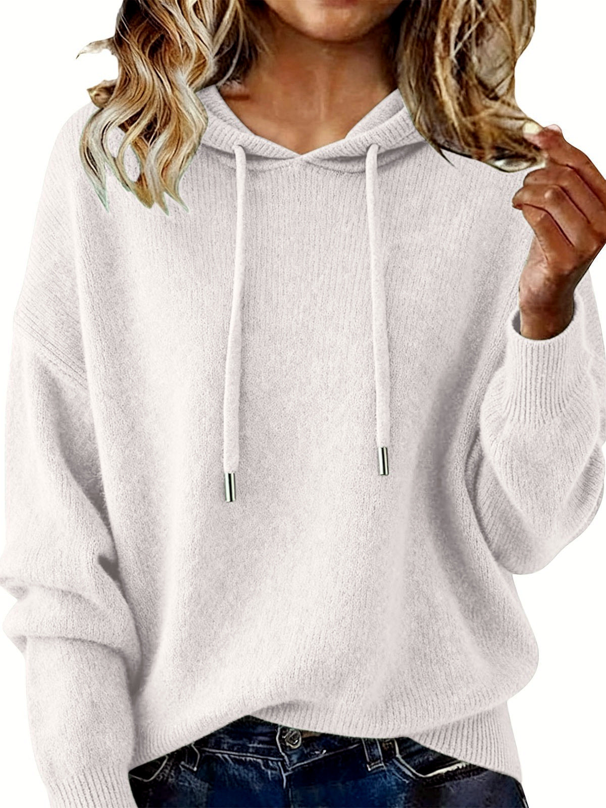 Women's Solid Color Long Sleeve Knit Sweater in White - product view