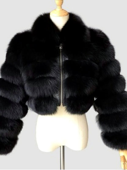 Women's Faux-Fur Point-Collar Stand-Collar Patchwork Long-Sleeve Coat in Black - product view