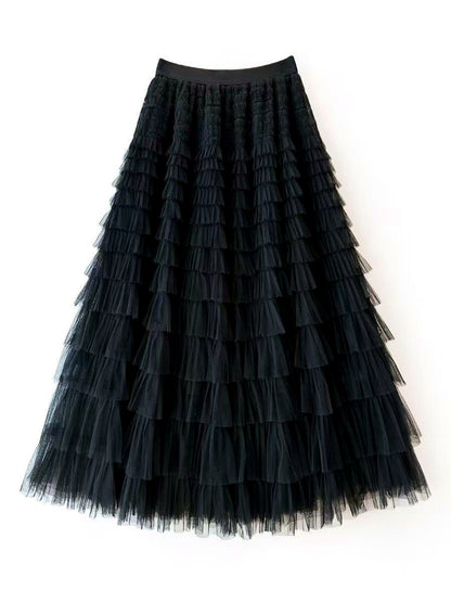 Women's Solid-Color Patchwork Longline Stretch Midi High-Waist Skirt in Black - product view