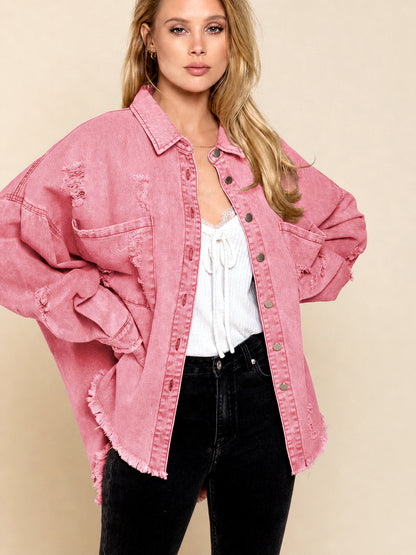 Women's Long Sleeve Open Front Blazer Cardigan Solid Color Casual Denim Raw-Hem Point-Collar Jacket in Pink - product view