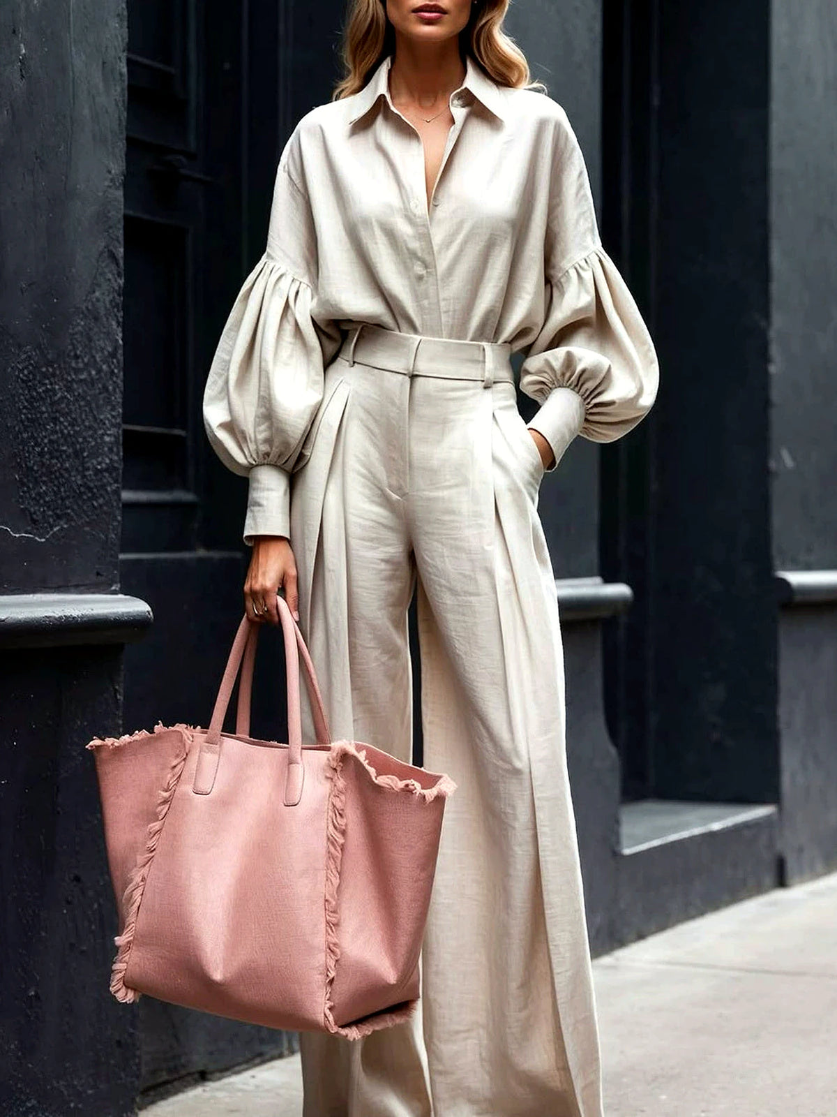 Linen-Blend Solid-Color Patchwork Long-Sleeve Wide-Leg Top & Pants Set in Khaki - product view
