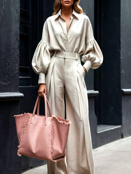 Linen-Blend Solid-Color Patchwork Long-Sleeve Wide-Leg Top & Pants Set in Khaki - product view