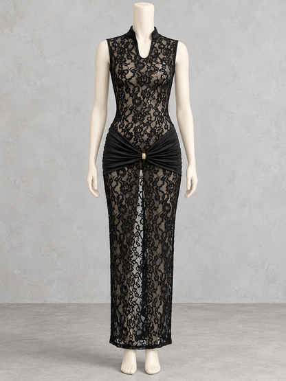 Solid-Color Crew-Neck Lace-Trim Openwork Zip-Front Slim-Fit Slit Dress