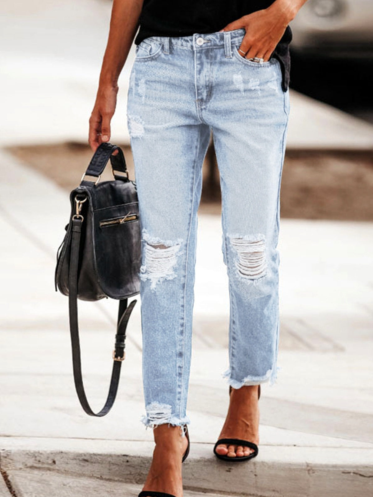 Women's Light Wash Ripped Straight Leg Jeans, Mid Waist Distressed Denim Pants for Casual Streetwear