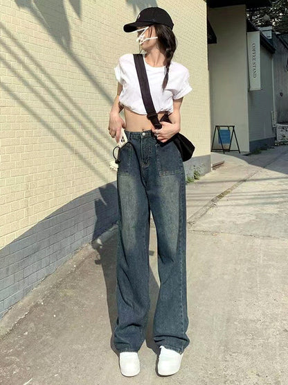 Women's Blue Gray Wide Leg Jeans, High Waist Loose Straight Denim Pants for Petite Casual Looks