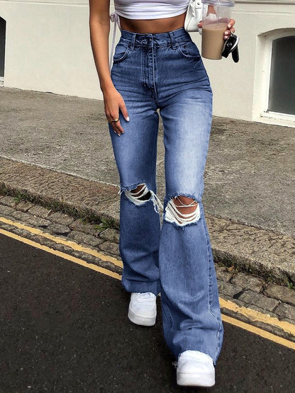 Women's Ripped Wide Leg Flare Jeans, Washed Distressed Denim Pants with Relaxed Streetwear Fit