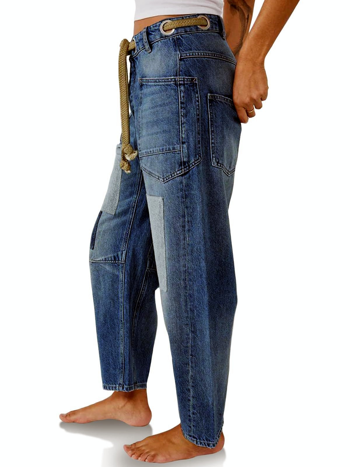 Women's Wide Leg Straight Jeans, Loose Denim Pants with Patchwork and Splatter Print Options