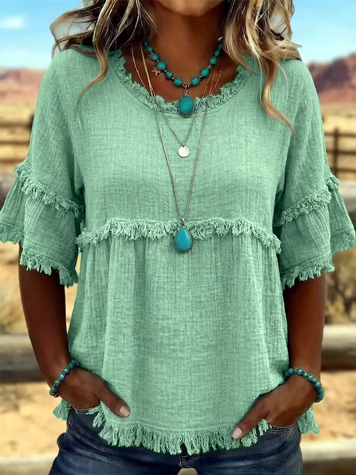 Women's Textured Fringe Short Sleeve Top, Round Neck Casual Summer Blouse