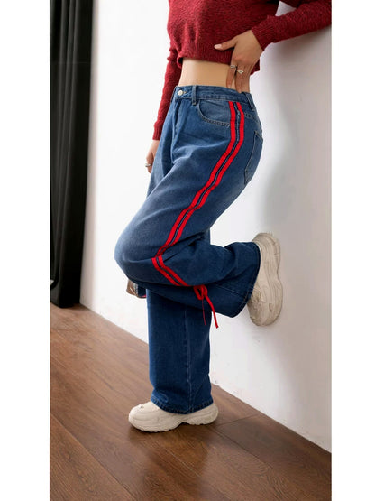 Women's Washed Denim Patchwork Mid-Rise Wide-Leg Straight-Leg Pants - product detail view 2