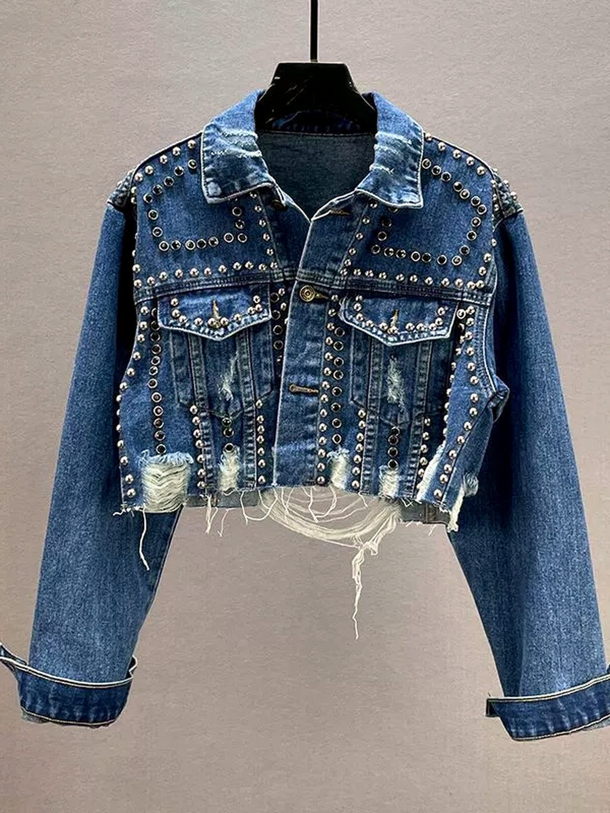 Women's Denim Point-Collar Long-Sleeve Office Jacket in Blue - product view