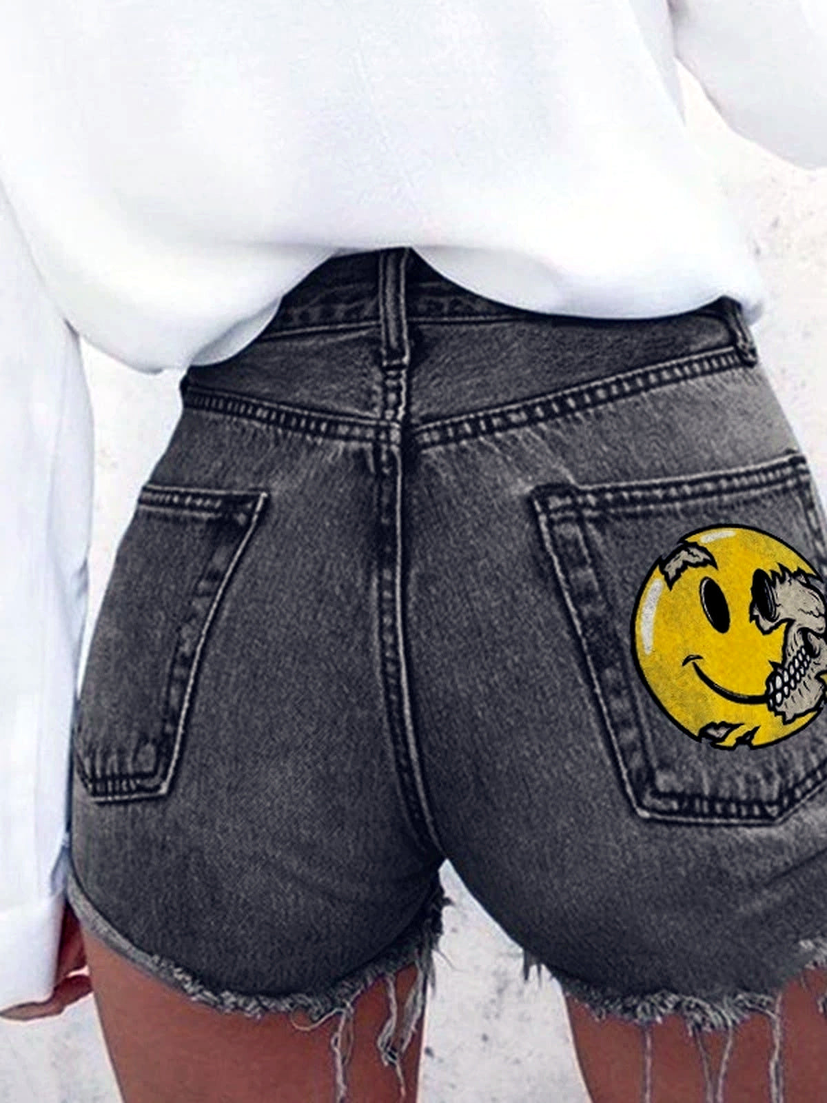 Denim Printed Relaxed-Fit Mid-Rise Streetwear Shorts in Charcoal - product view