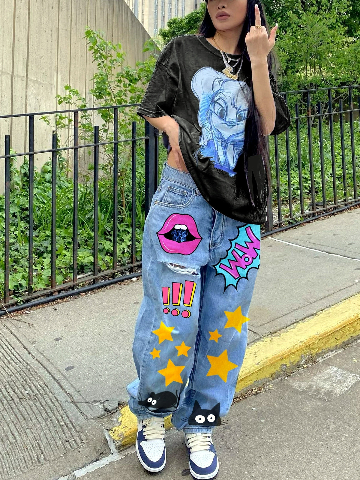 Women's Denim Printed Relaxed-Fit Slim-Fit Straight-Leg Zip-Front Pants - product detail view 2