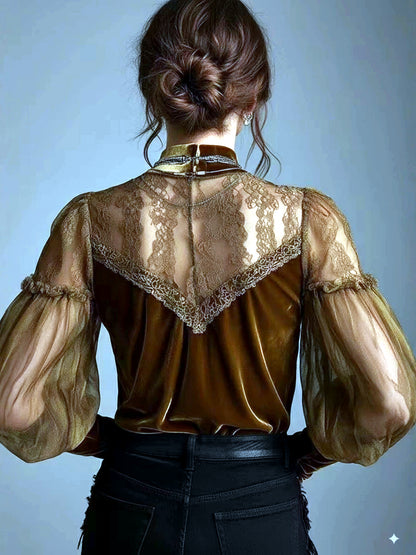 Women's Lace-Trim Patchwork Stretch Relaxed-Fit Long-Sleeve Office Blouse - product detail view 2