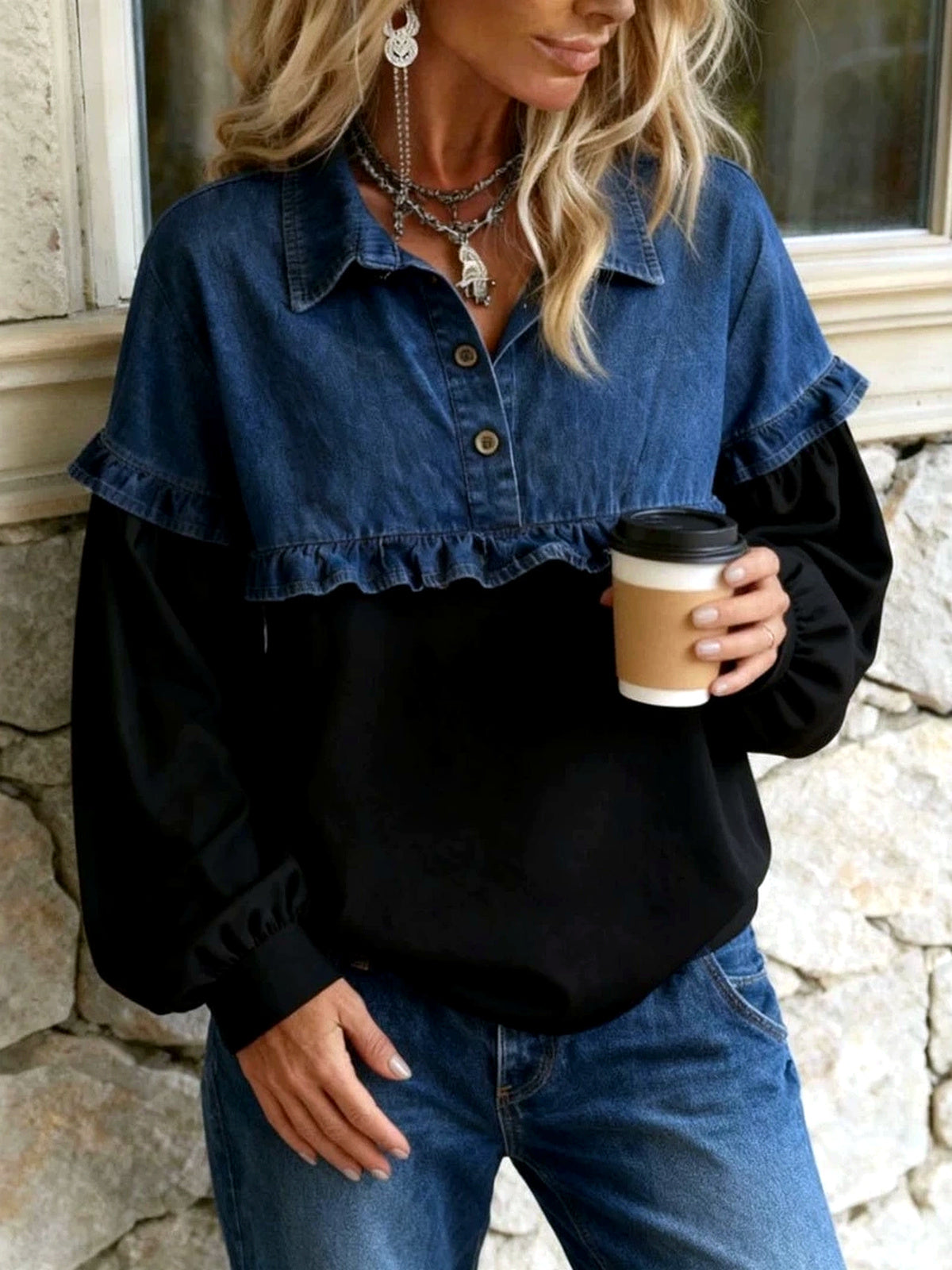 Women's Denim Patchwork Relaxed-Fit Long-Sleeve Sweatshirt - product detail view 1