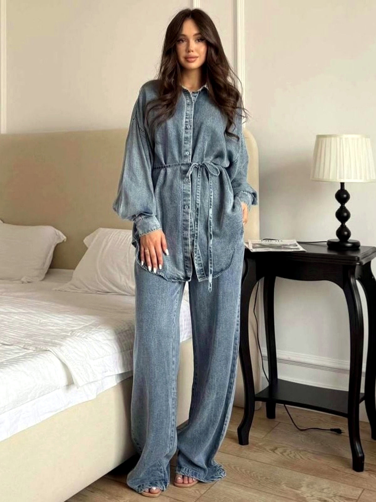 Women's Belted Button-Front Denim Shirt & Wide-Leg Pants Set in Blue - product view
