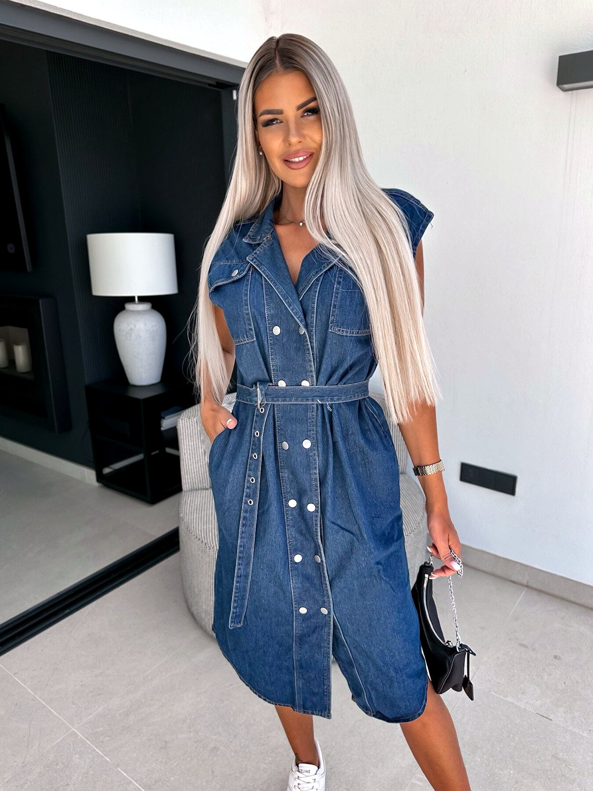 Women's Denim Shirt Dress Seven Quarter Sleeve Loose Casual Spring Dress in Dark Denim Blue - product view