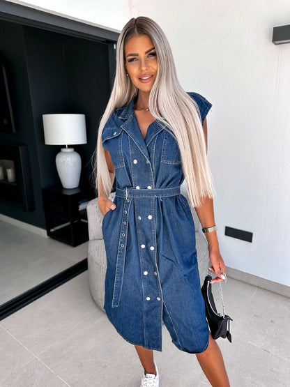 Women's Denim Shirt Dress Seven Quarter Sleeve Loose Casual Spring Dress in Dark Denim Blue - product view