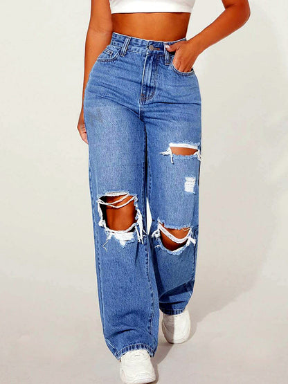 Denim Relaxed-Fit High-Waist Straight-Leg Pocket Streetwear Jeans in Light Blue - product view