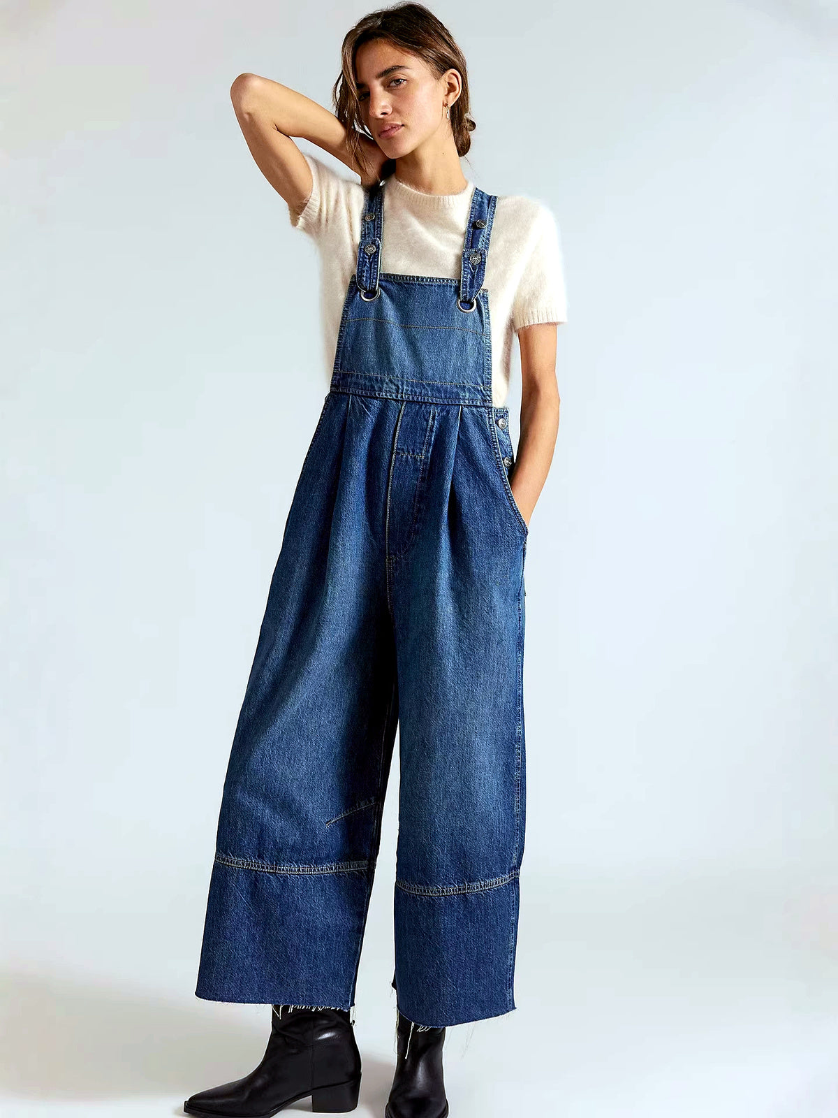Women's Elastic Waist Drawstring Straight Leg Pants Casual Vacation Trousers in Dark Blue - product view