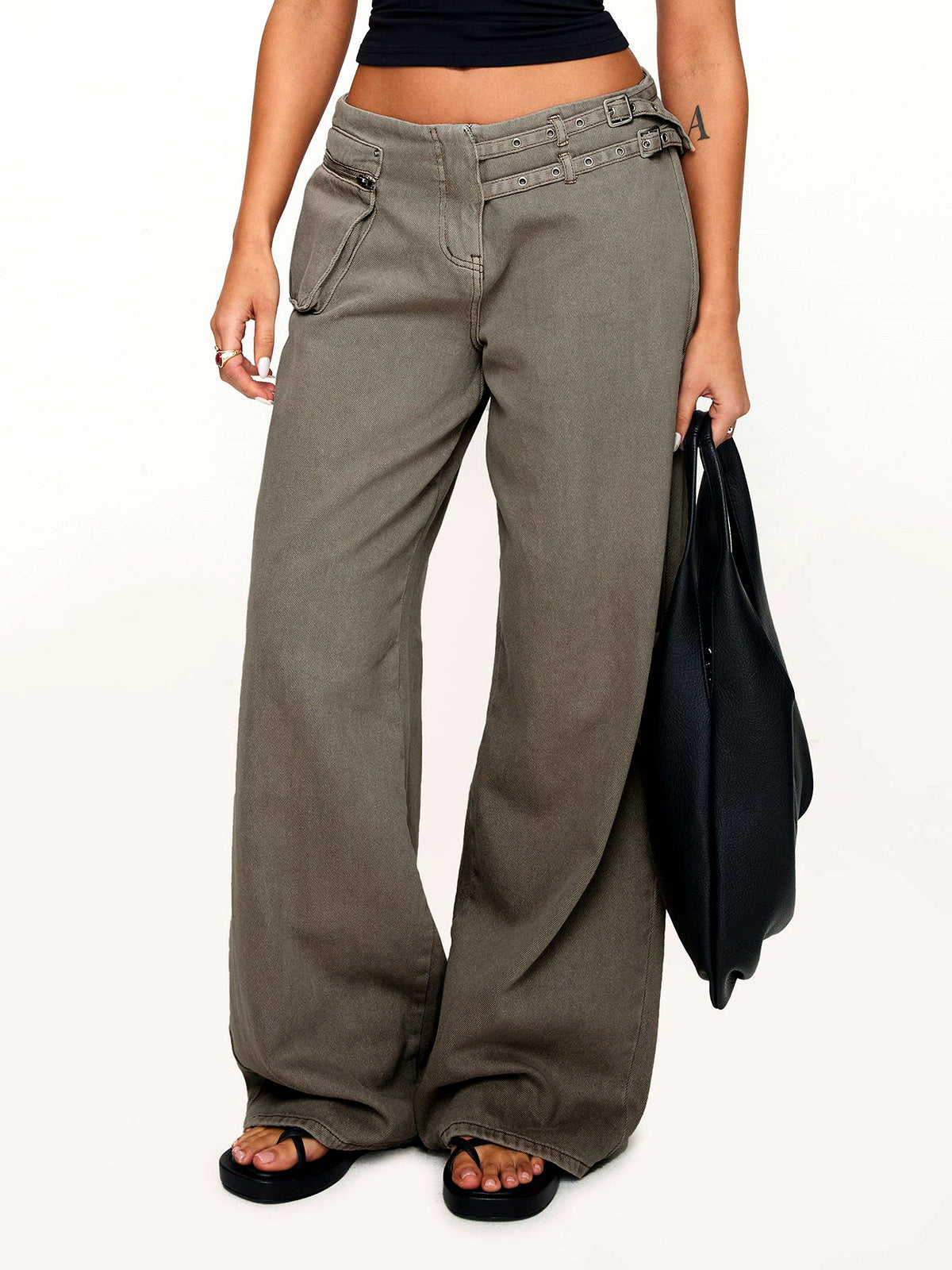 Women's Elastic Waist Wide Leg Pants Loose Casual Fall Winter Trousers in Dark Gray - product view