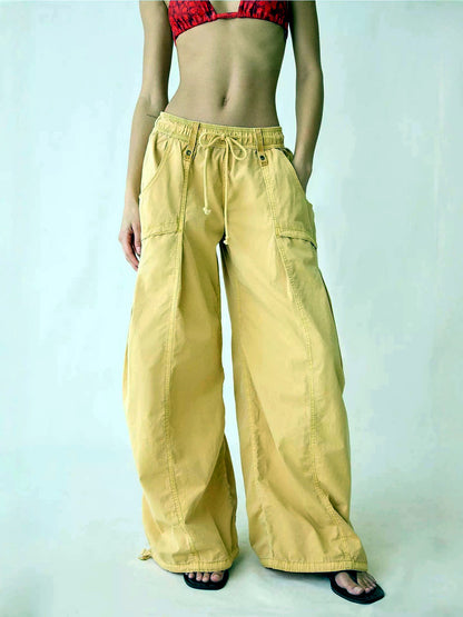 Women's Elastic Waist Wide Leg Pants Loose Casual Fall Winter Trousers in Yellow - product view