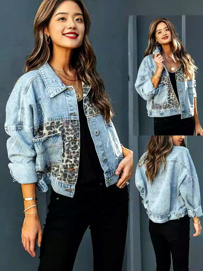 Women's Denim Patchwork Relaxed-Fit Point-Collar Long-Sleeve Office Shirt - product detail view 1