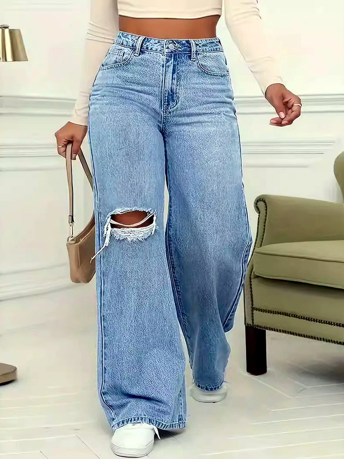 Women's Denim Printed Distressed High-Waist Wide-Leg Straight-Leg Jeans in Light Blue - product view