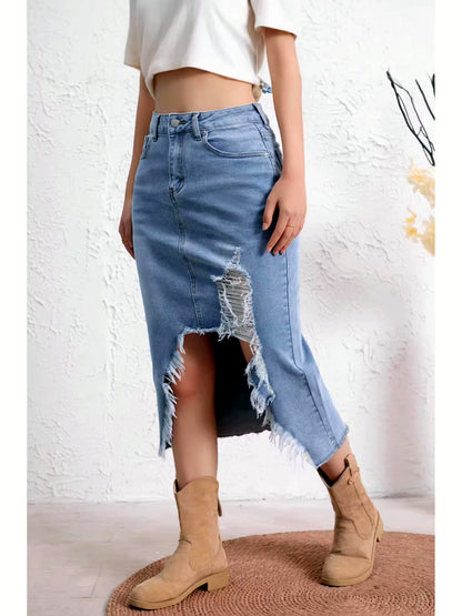 Women's Denim Distressed Stretch Asymmetric Slit Midi Skirt - product detail view 2