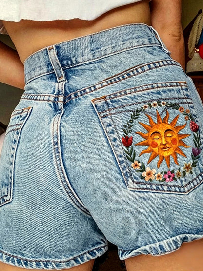 Women's Denim Printed Relaxed-Fit Mid-Rise Office Shorts in Light Blue - product view