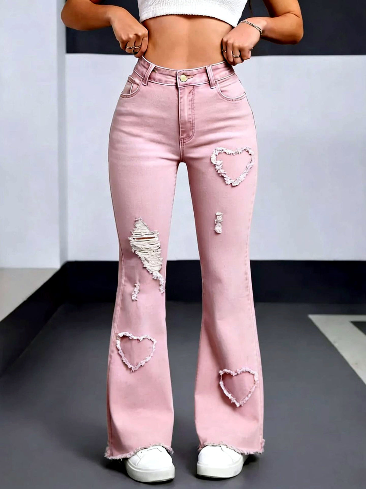 Women's Washed Denim Solid-Color Distressed Raw-Hem Mid-Rise Jeans in Pink - product view