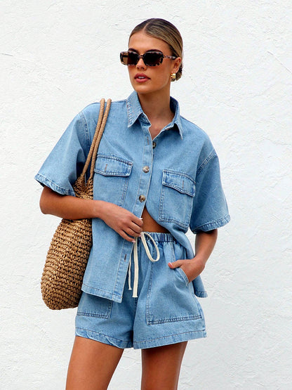 Women's Relaxed Short Sleeve Button-Up Shirt & Drawstring Shorts Two-Piece Set in Light Blue - product view