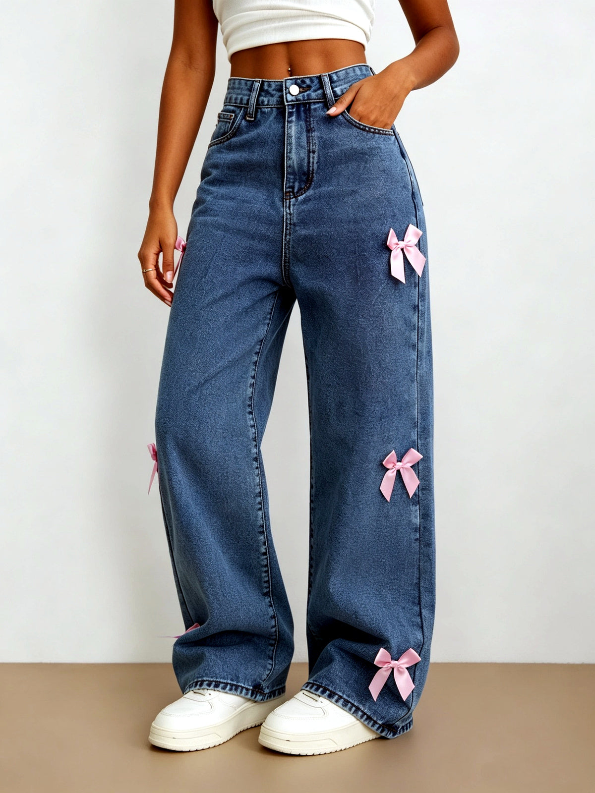 Women's Washed Denim Wide-Leg Jeans in （Pink - product view