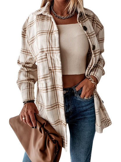 Women's Plaid Point-Collar Patchwork Relaxed-Fit Long-Sleeve Woven-Panel Cardigan in Apricot - product view