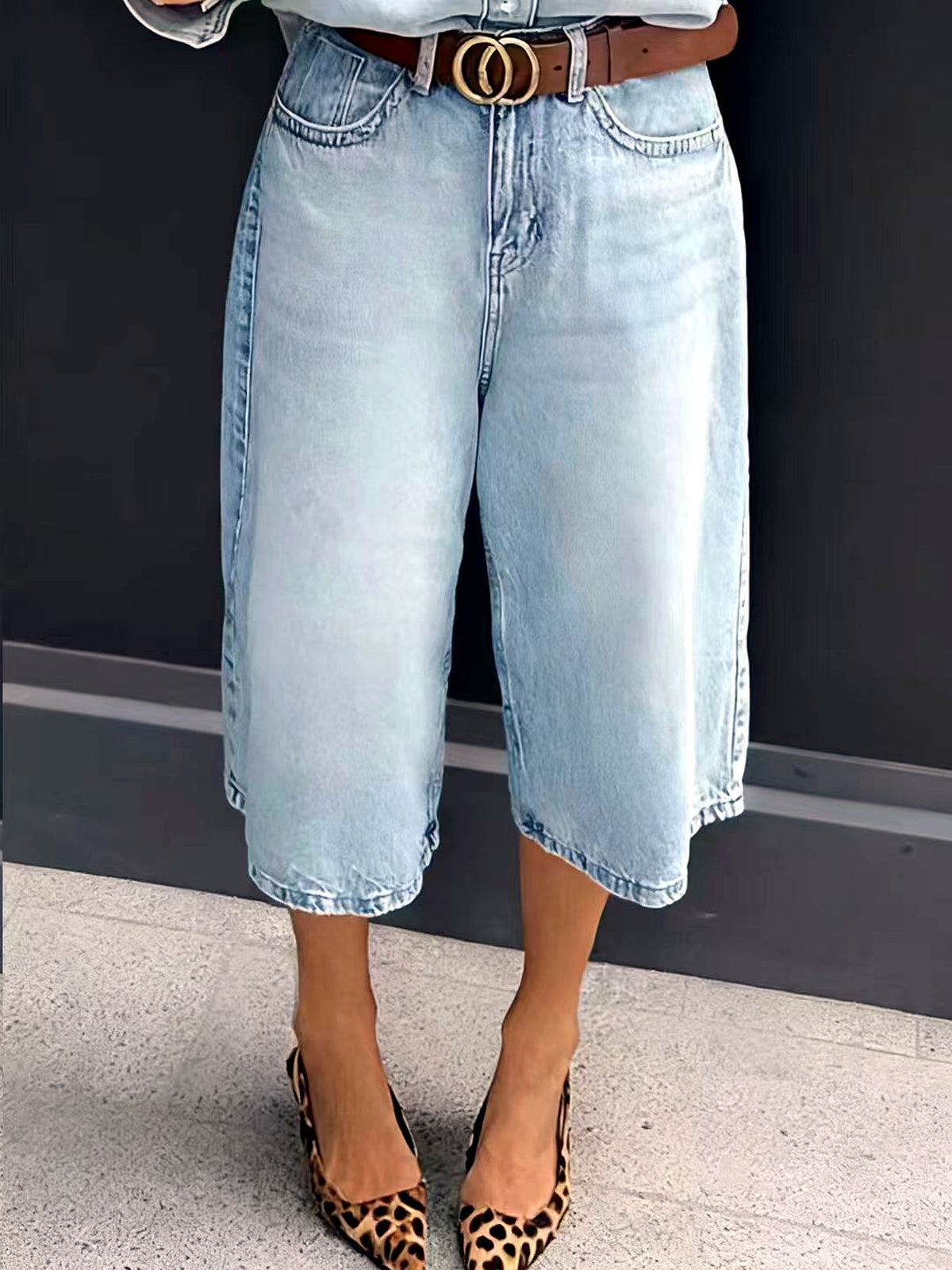 Women's Denim Solid-Color Stretch Relaxed-Fit Mid-Rise Wide-Leg Jeans in Light Blue - product view