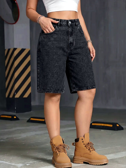 Women's Washed Denim Solid-Color Distressed Relaxed-Fit High-Waist Shorts - product detail view 1